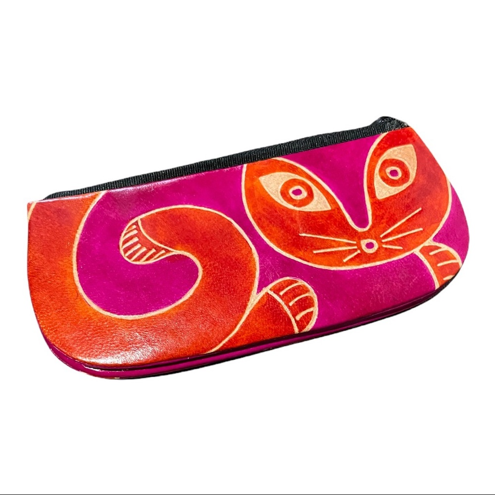 3/$15 Cat coin purse leather zipper pink orange